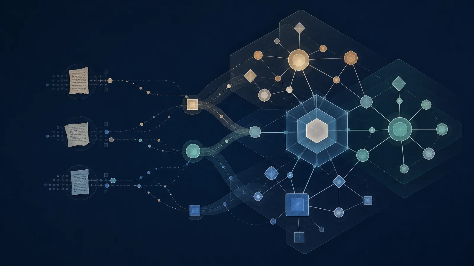 An abstract knowledge model connects source fragments, concepts, and relationships.