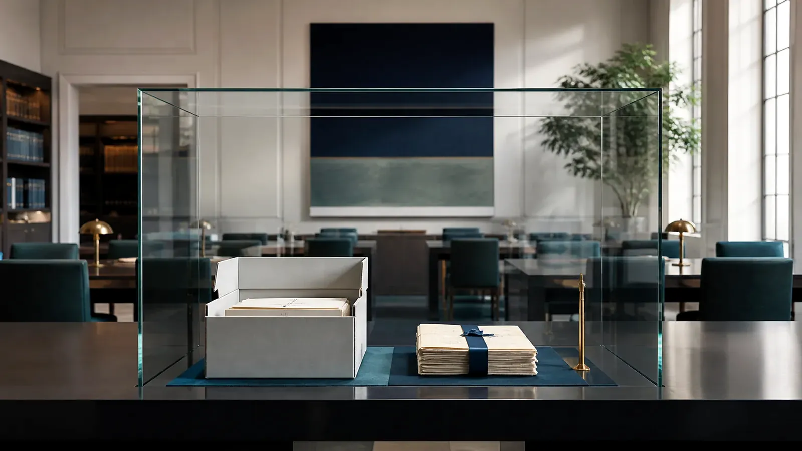 A transparent archive enclosure stands within an open public reading room.