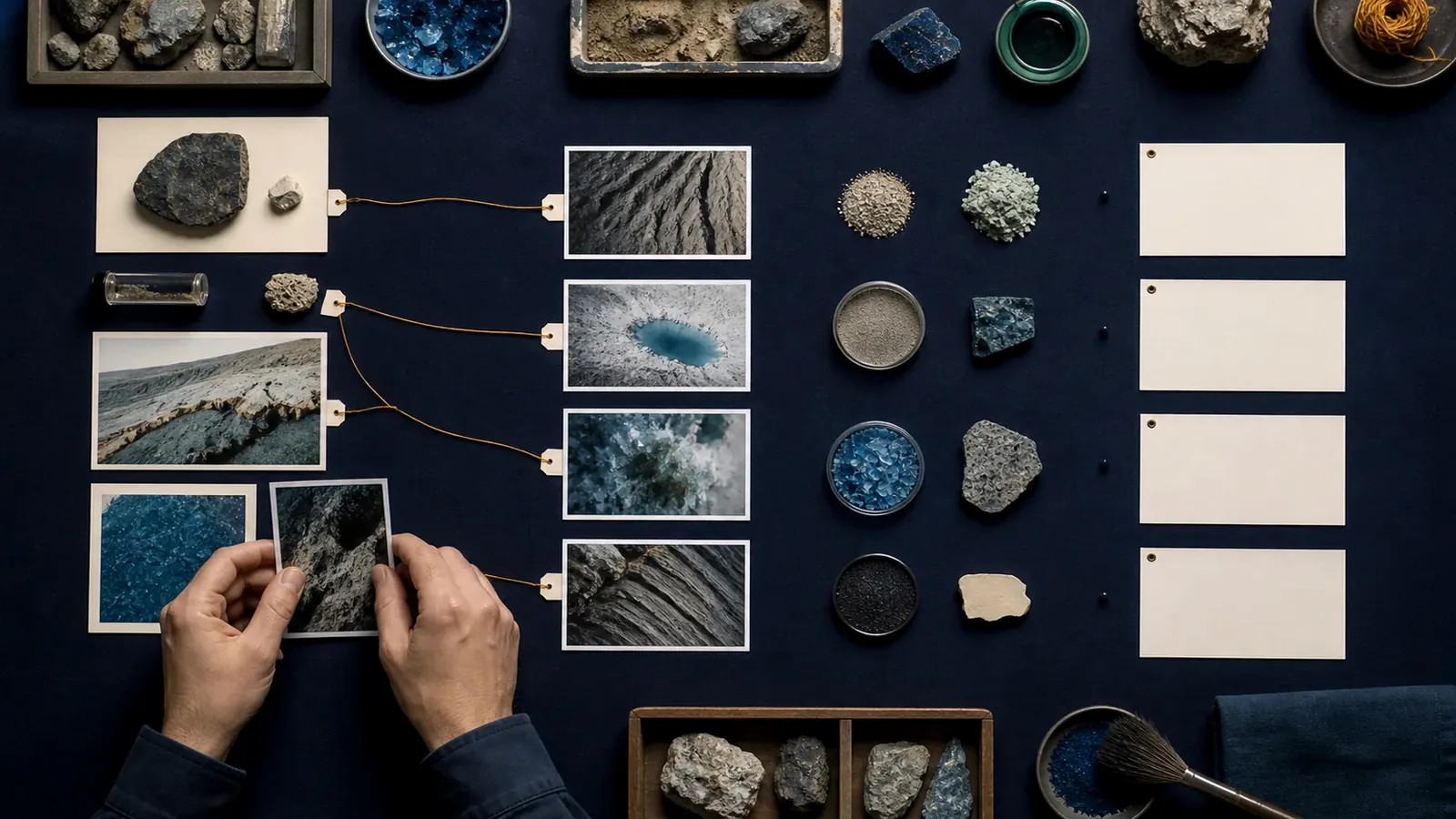 Source photographs and physical samples are arranged for comparison with deliberately visible gaps.