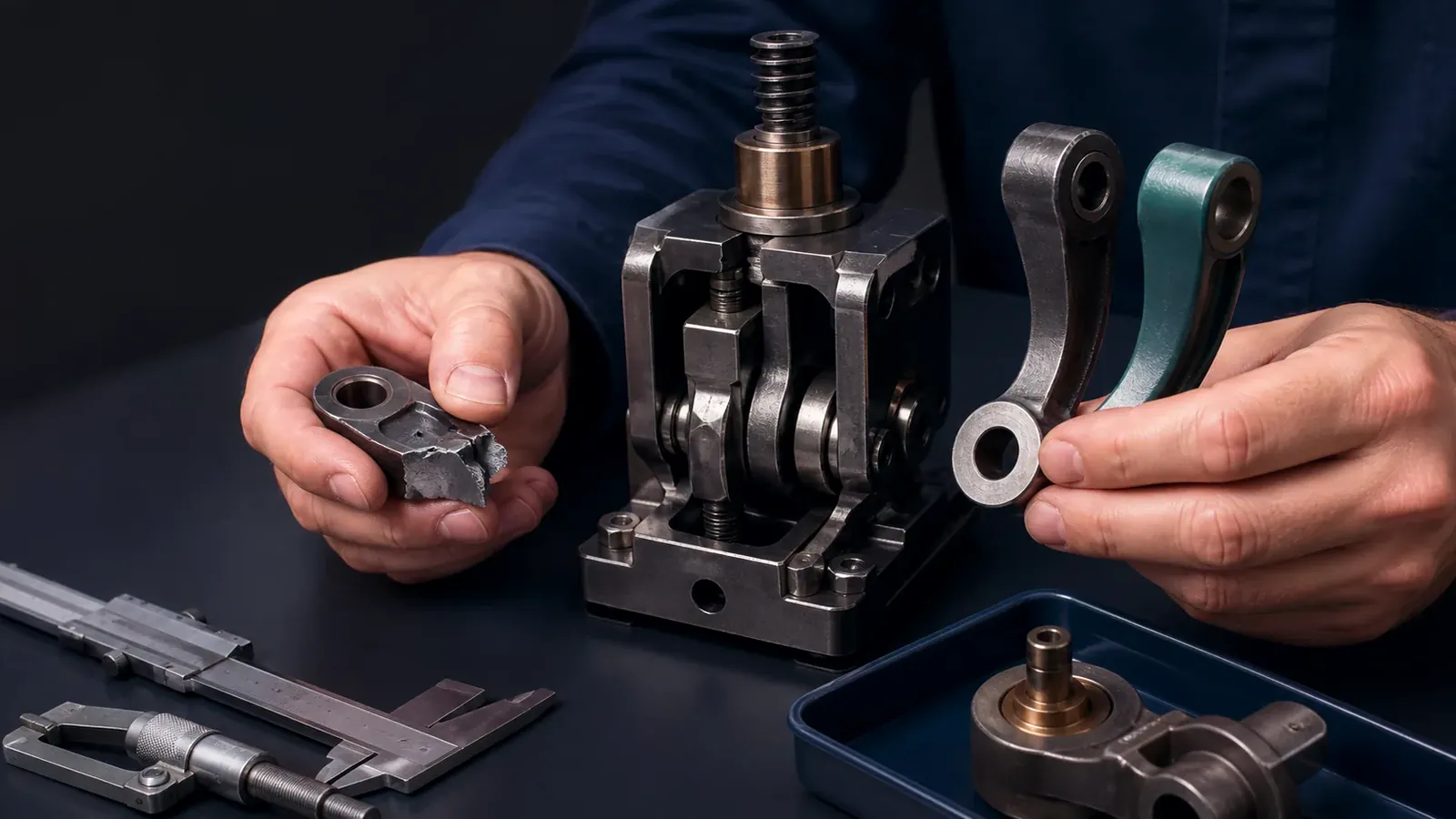 An engineer compares a fractured component with two alternatives beside a test mechanism.