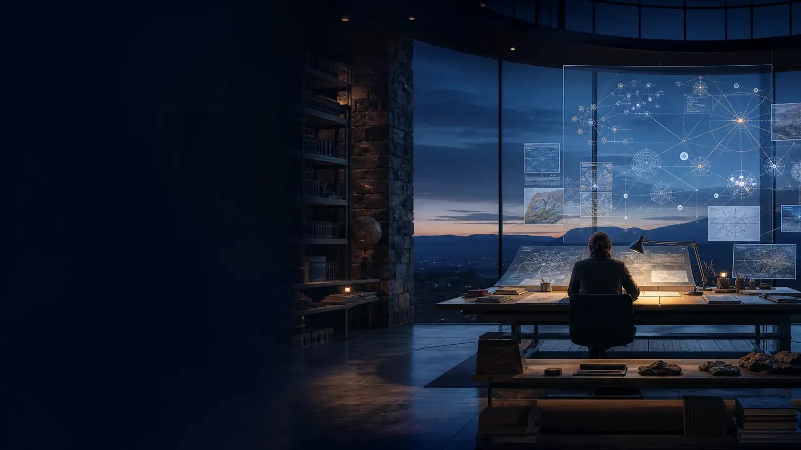 A learner studies connected evidence and system models in a quiet observatory library.