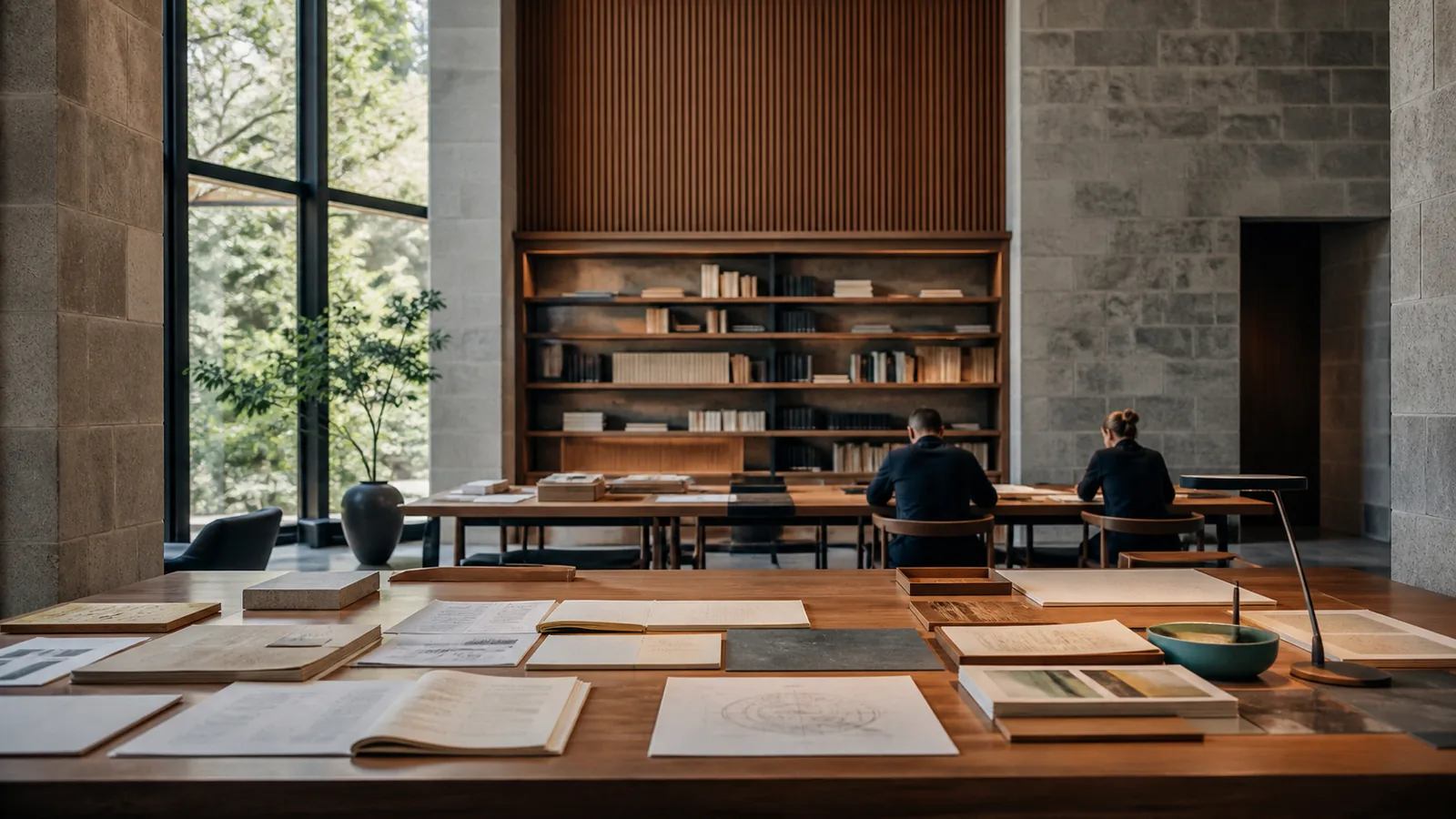 Two learners work at long tables surrounded by books and public study materials in a quiet reading room.