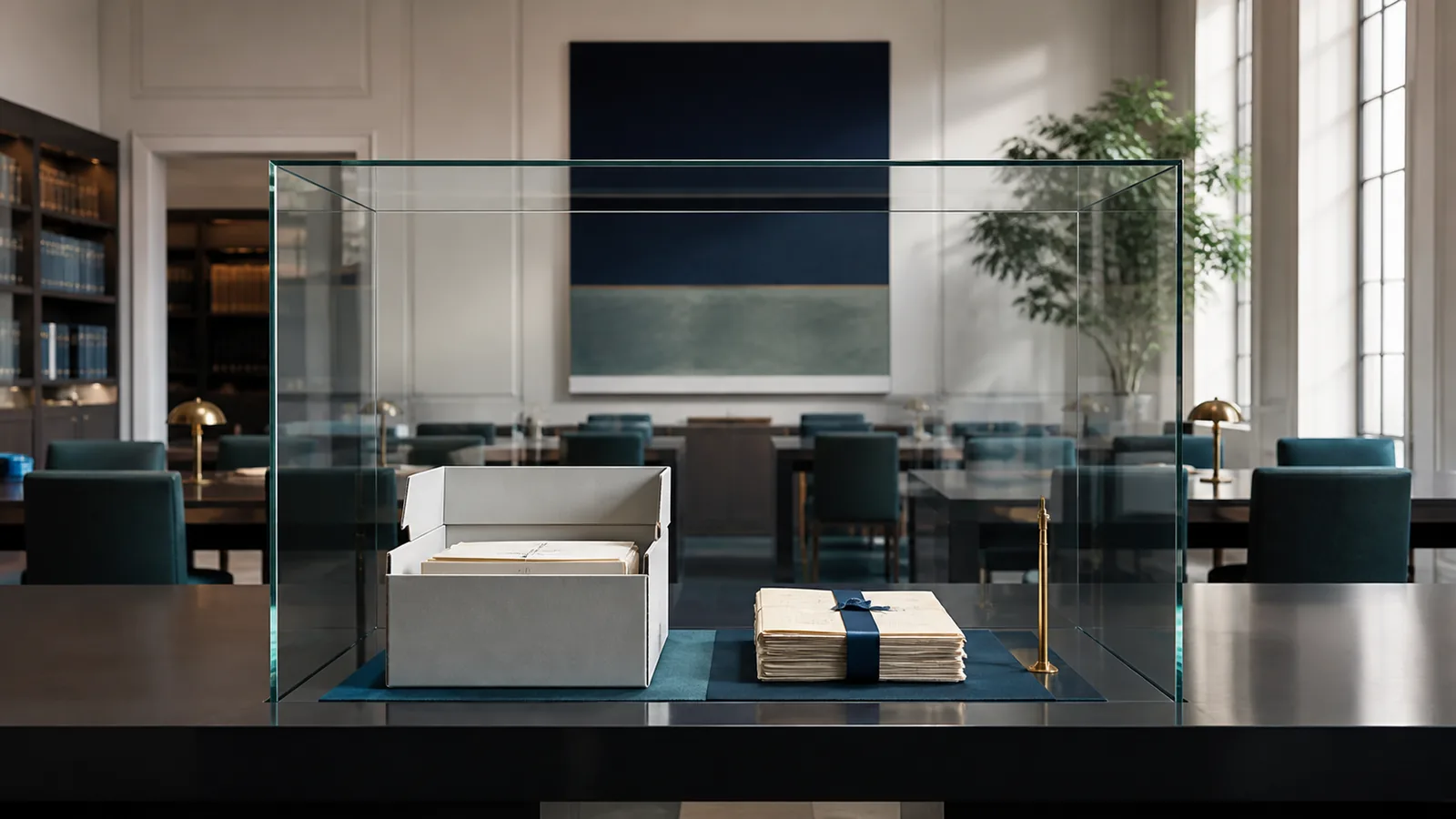 A small set of records rests inside a transparent glass archive enclosure in an open reading room.