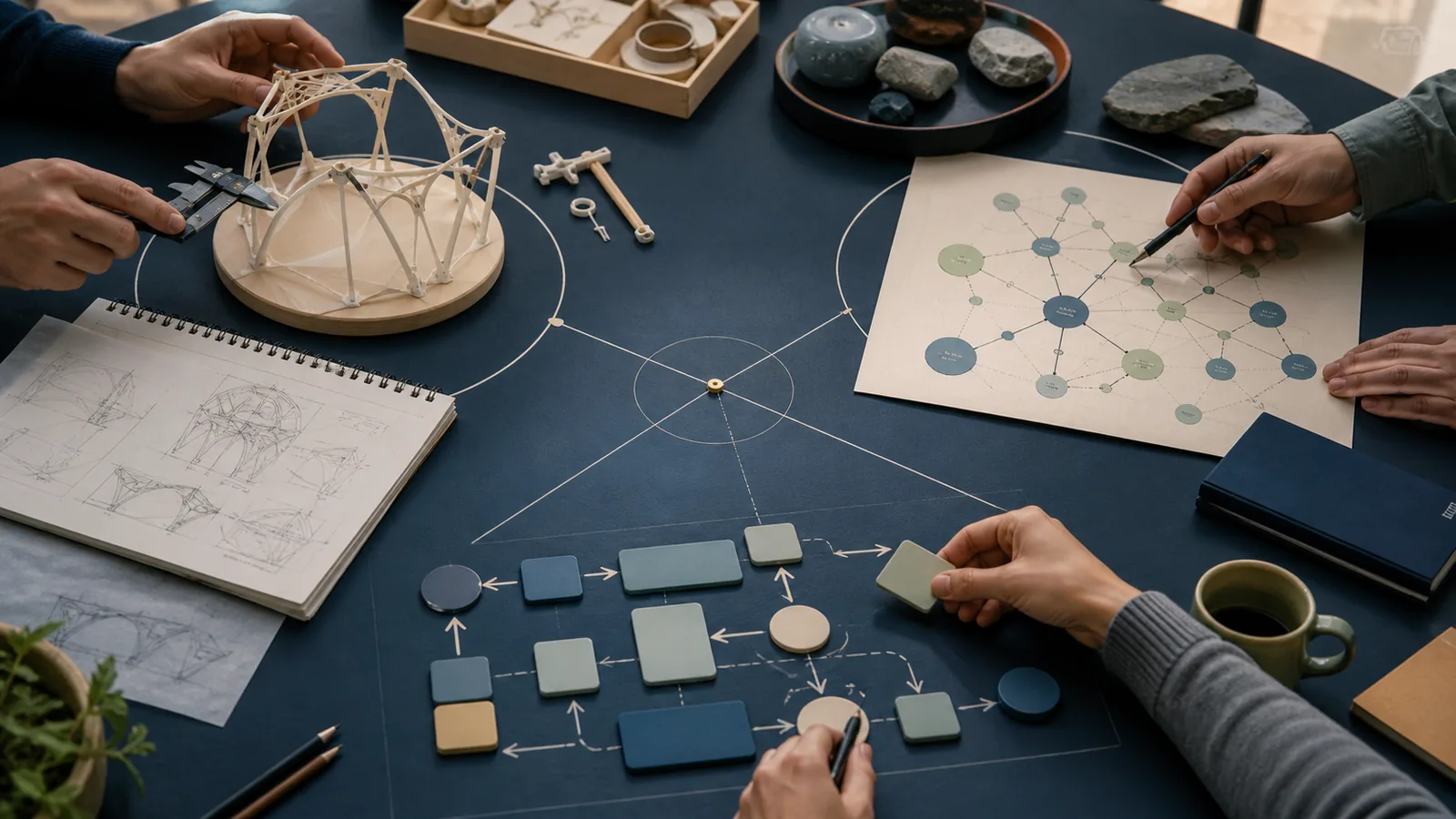Several learners connect a physical prototype, a concept map, and a shared workflow around one study table.
