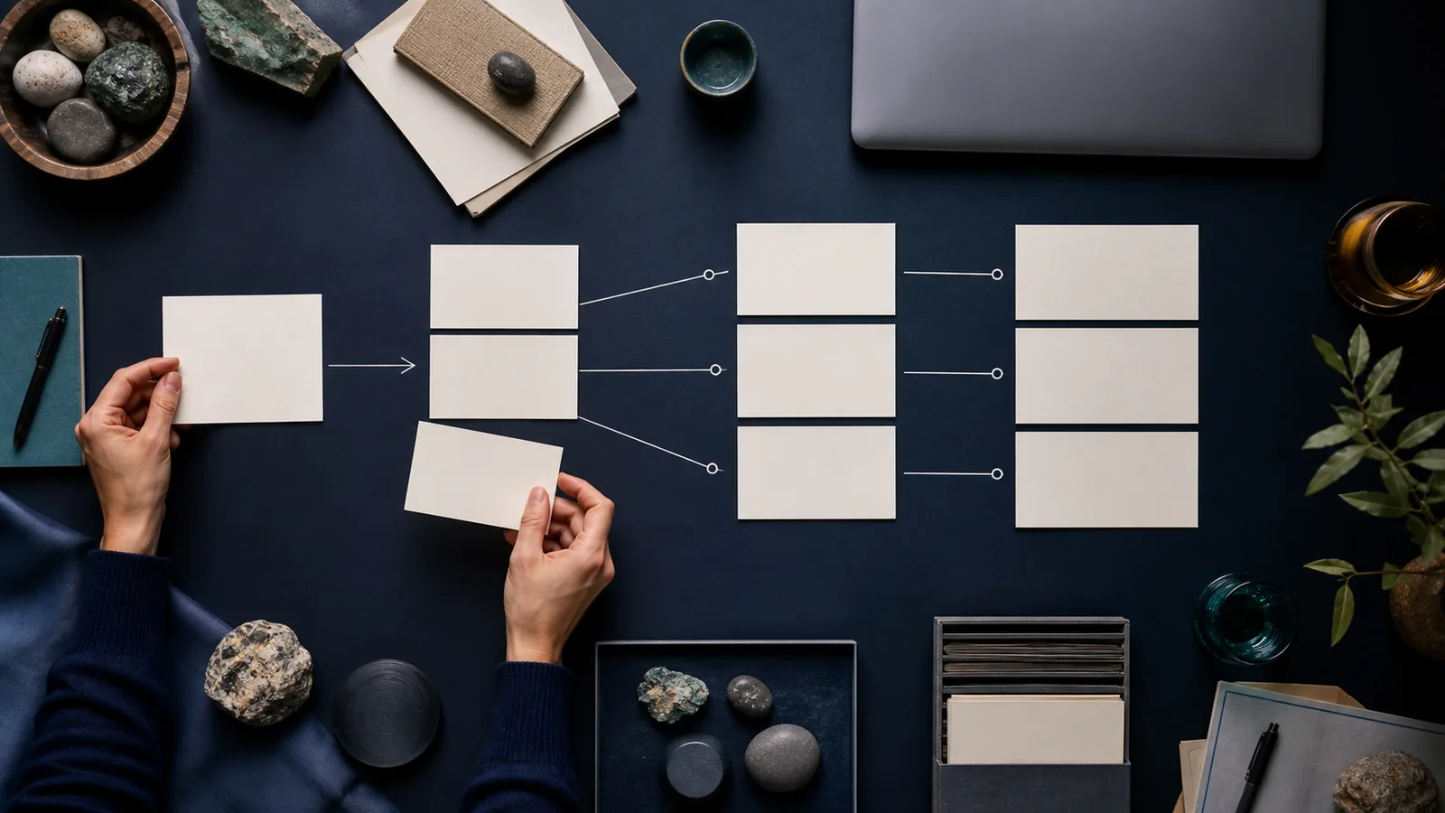 Hands arrange blank cards into a connected structure for evidence and review.