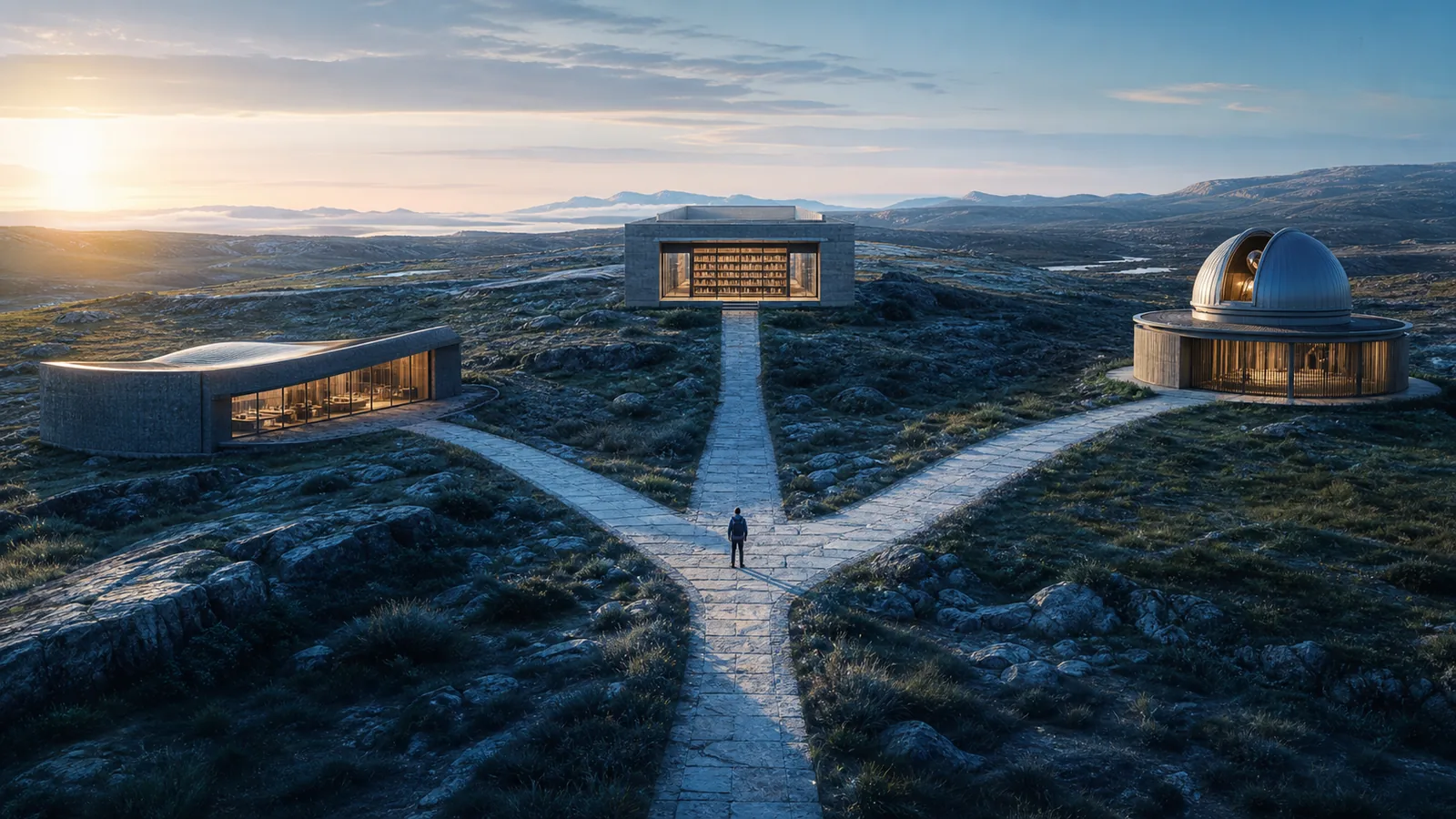 A learner stands where three paths lead to a tool workshop, a public archive, and an observatory.