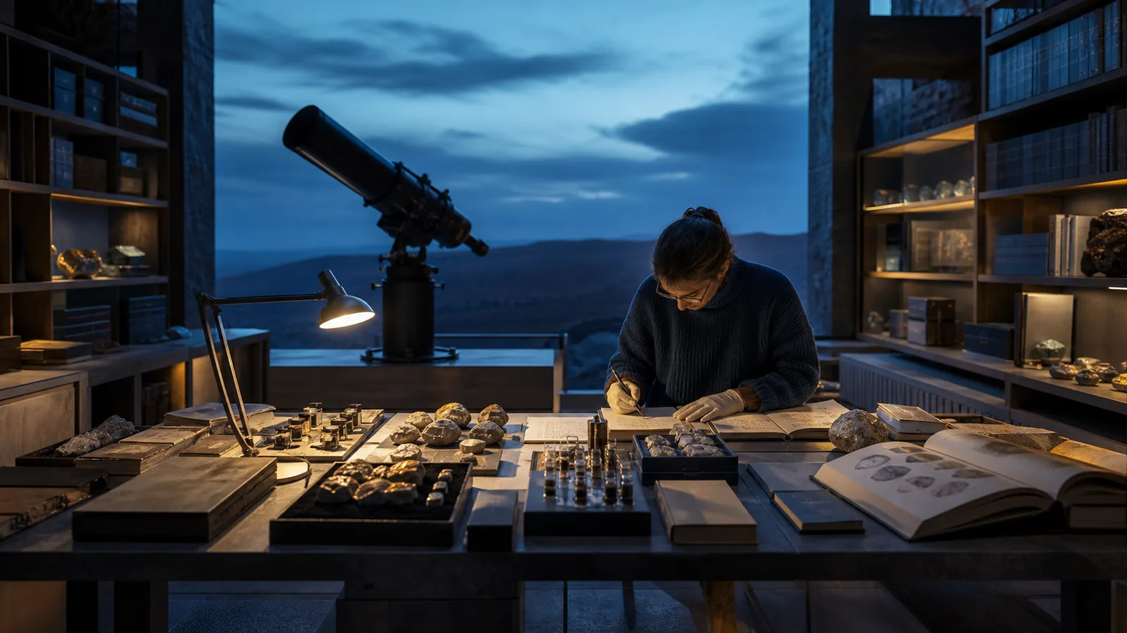 An observer catalogs source materials and physical evidence at a table beside an optical instrument.